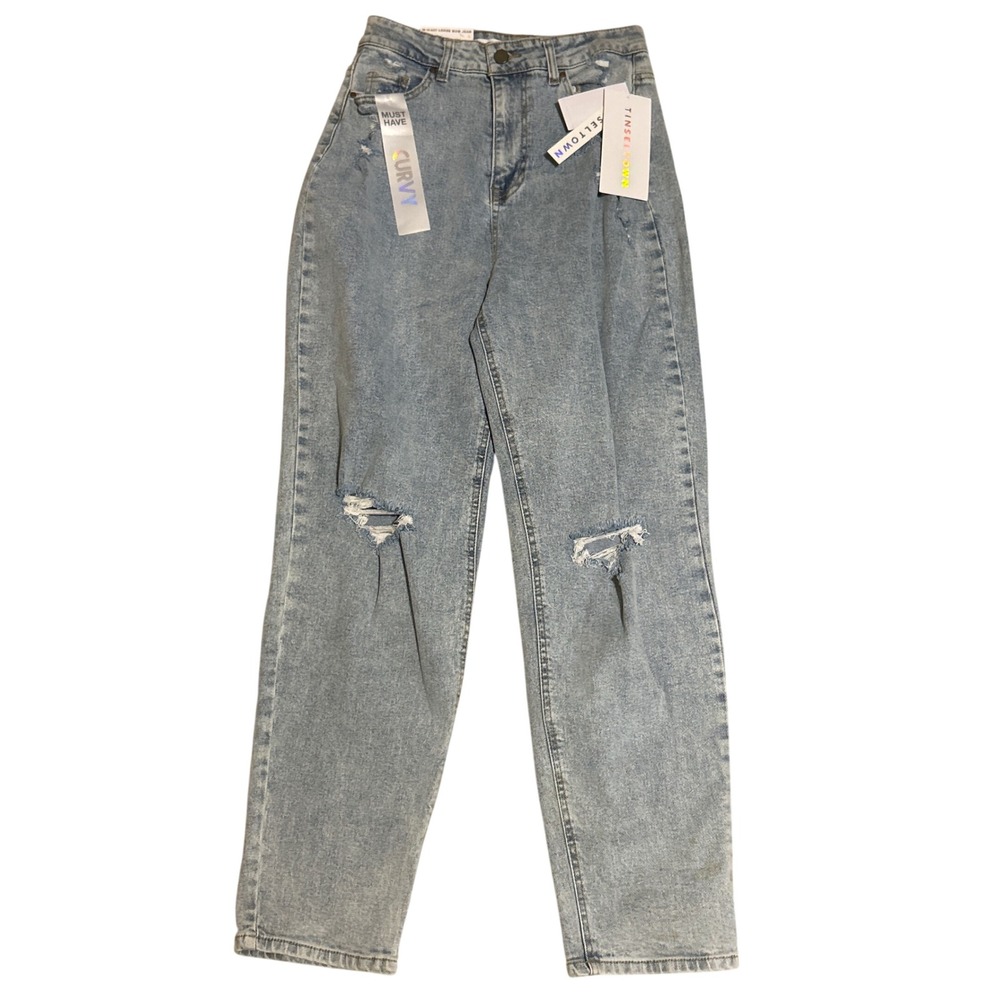 Tinseltown Curvy Hi-Waist Loose Mom Jeans Light Wash Distressed Denim Size 7/28